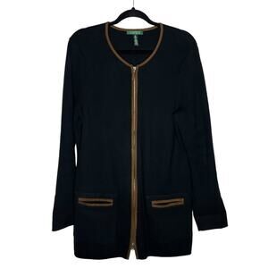 LAUREN RALPH LAUREN / black brown trimmed long line sweater jacket / XL